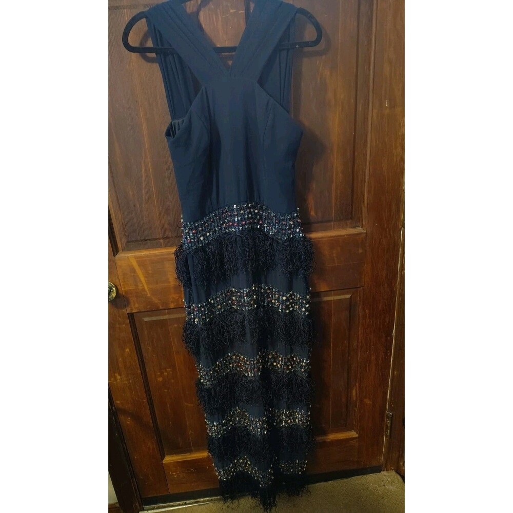 Virgos Lounge  Navy Blue Beaded Fringe Gown Maxi Halter Dress  UK16  US12